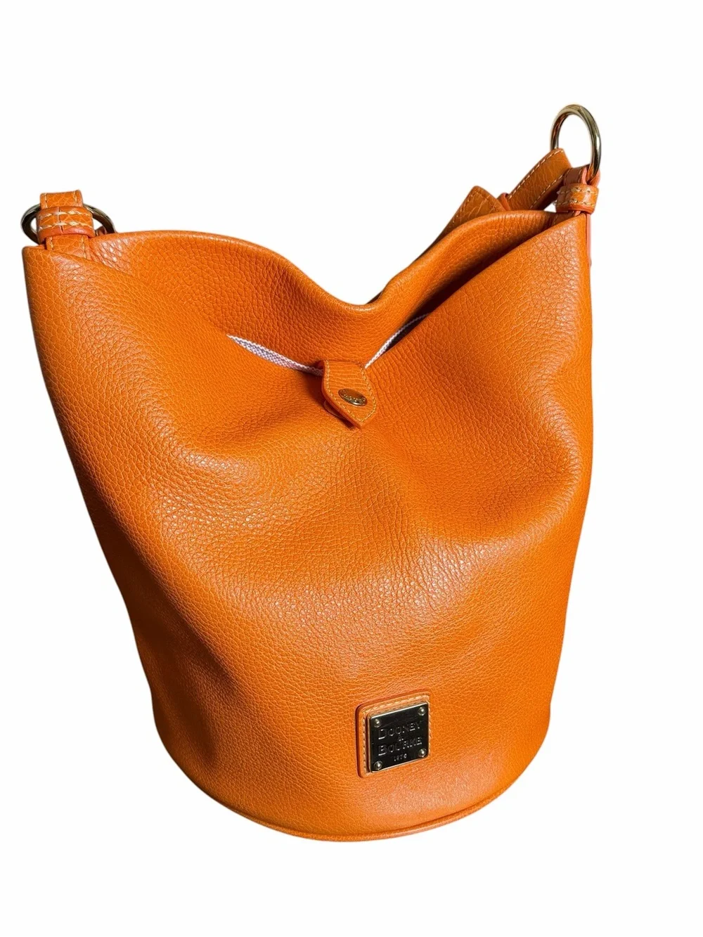 Dooney & Bourke Orange Pebbled Leather Bucket Hobo Shoulder Bag Y2K Pink Lining